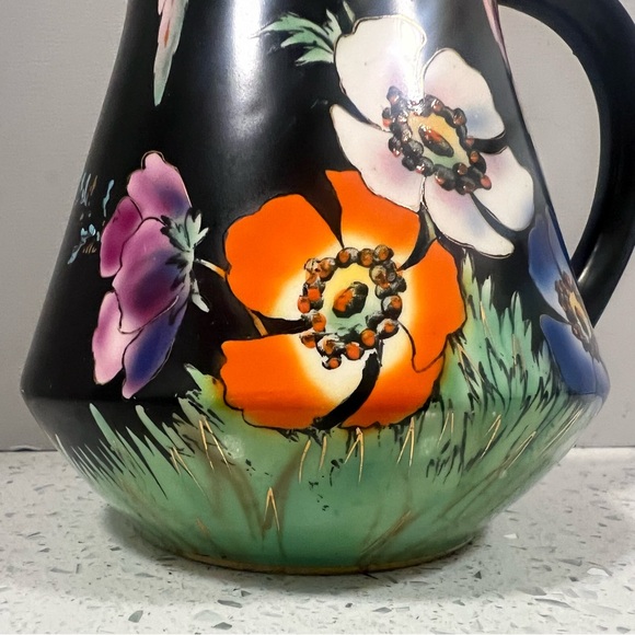 Vintage FALCON WARE "The Dell" Floral Art Deco Pitcher Black Green Hand Painted - Picture 5 of 16